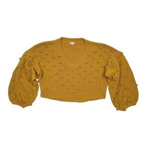 Boho Popcorn Knit Mustard Bobble Balloon Sleeve Cropped Sweater En Crème Cozy S